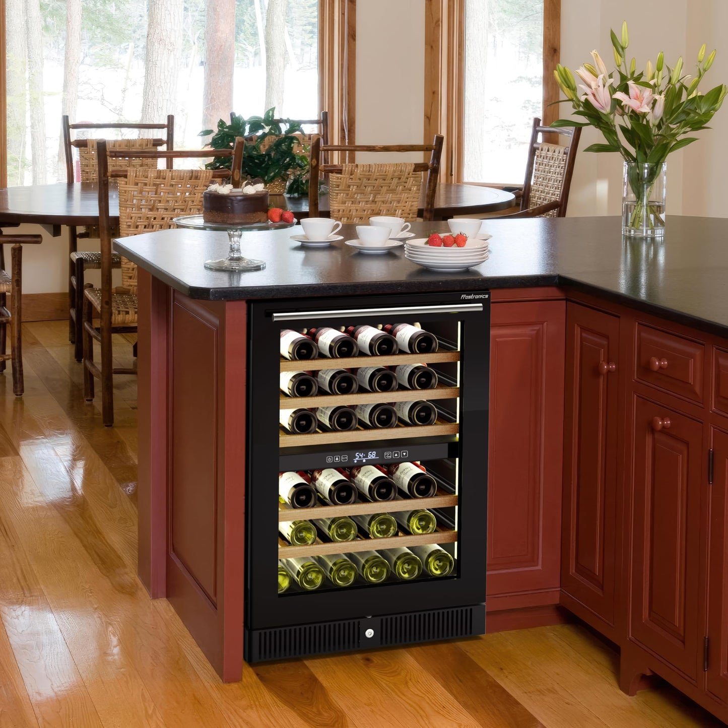 Frostronics 24 Inch Dual Zone Wine Refrigerator, 51 Bottles Under Counter Built-In or Freestanding Wine Cellar, Wine Cooler with Quiet Compressor Cooling and Reversible Glass Door, Fits Large Bottle