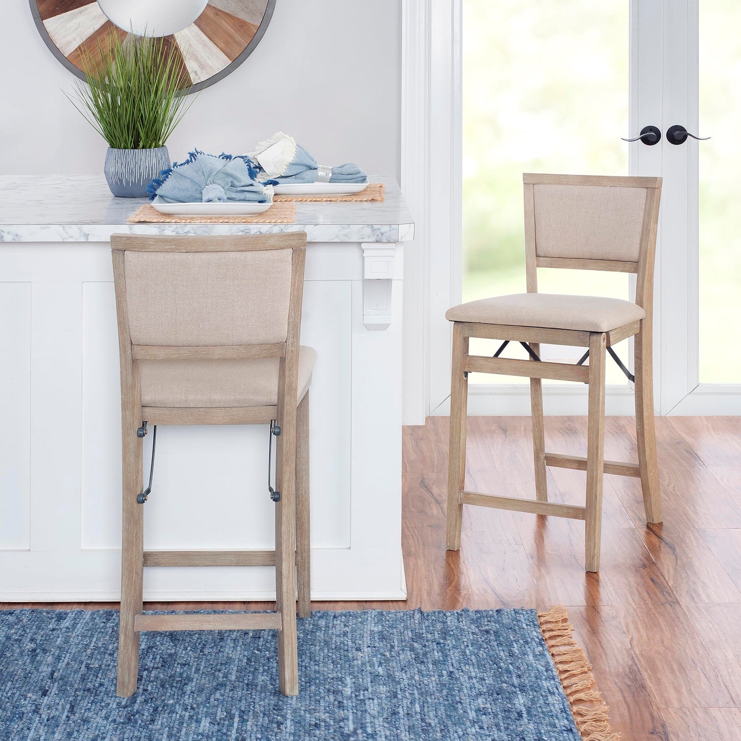 Linon Keira Natural Rustic Wooden Folding Counter Stool with Beige Upholstered Seat and Back