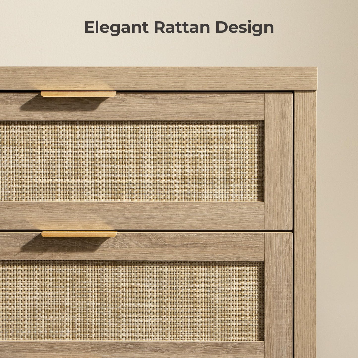 SICOTAS Rattan Dresser for Bedroom, 56.9" Wide 6 Drawer Dresser with Ample Storage, Dressers Large Chest of Drawers, Closet, Boho TV Stand for Bedroom (Reclaimed Light Oak, 1 Piece)