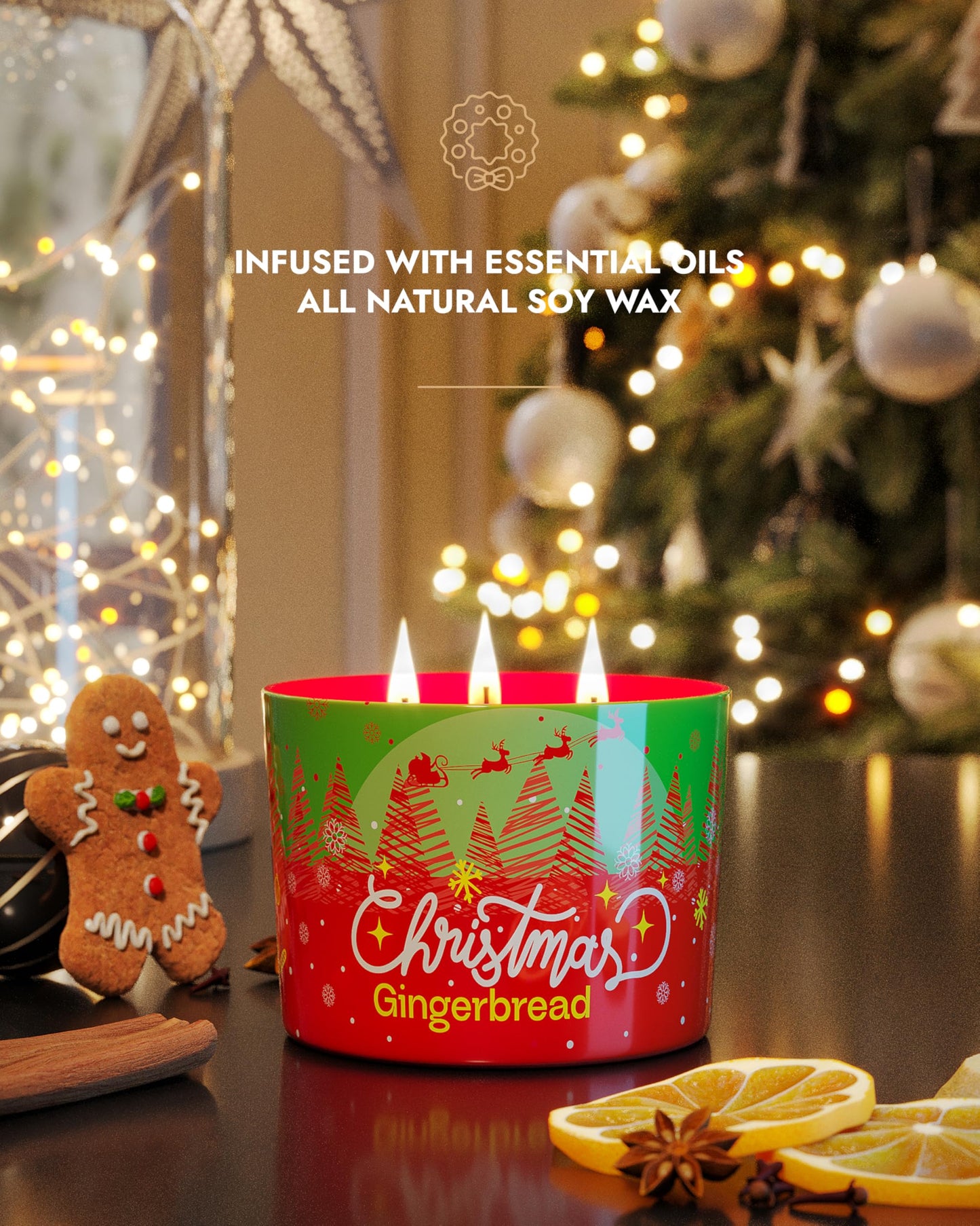 96NORTH Luxury Christmas Candle Gingerbread Scented | Large 3-Wick Jar Candle | Up to 40 Hours Burning Time | 100% Natural Soy Wax | Ideal Christmas Candles Gift