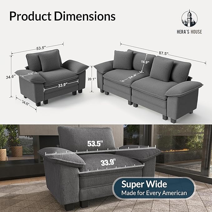 HERA'S HOUSE 2 Pieces Modular Sectional Sofa Sets, Oversized Couch Set with Loveseat and Armchair, Comfy Cloud Couches with Throw Pillows, 3-Seater Deep Seat Sofa for Living Room, Corduroy Grey
