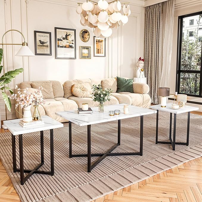 AWQM Coffee Table Set of 3, Industrial Coffee Table with 2 Square End Side Tables, Modern Living Room Table Set with Metal Frame for Apartment Home Office