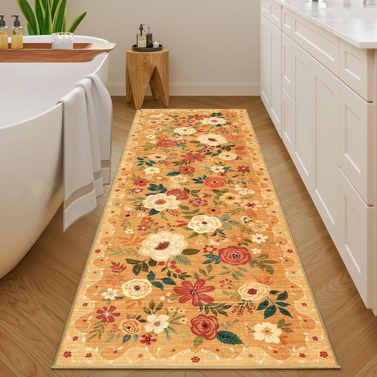 DUKINO Runner Rug, 2x10 Kitchen Hallway Carpet, Washable with Non-Slip Backing, Low Pile Soft Boho Floral for Entryway, Laundry, Bedroom, Orange