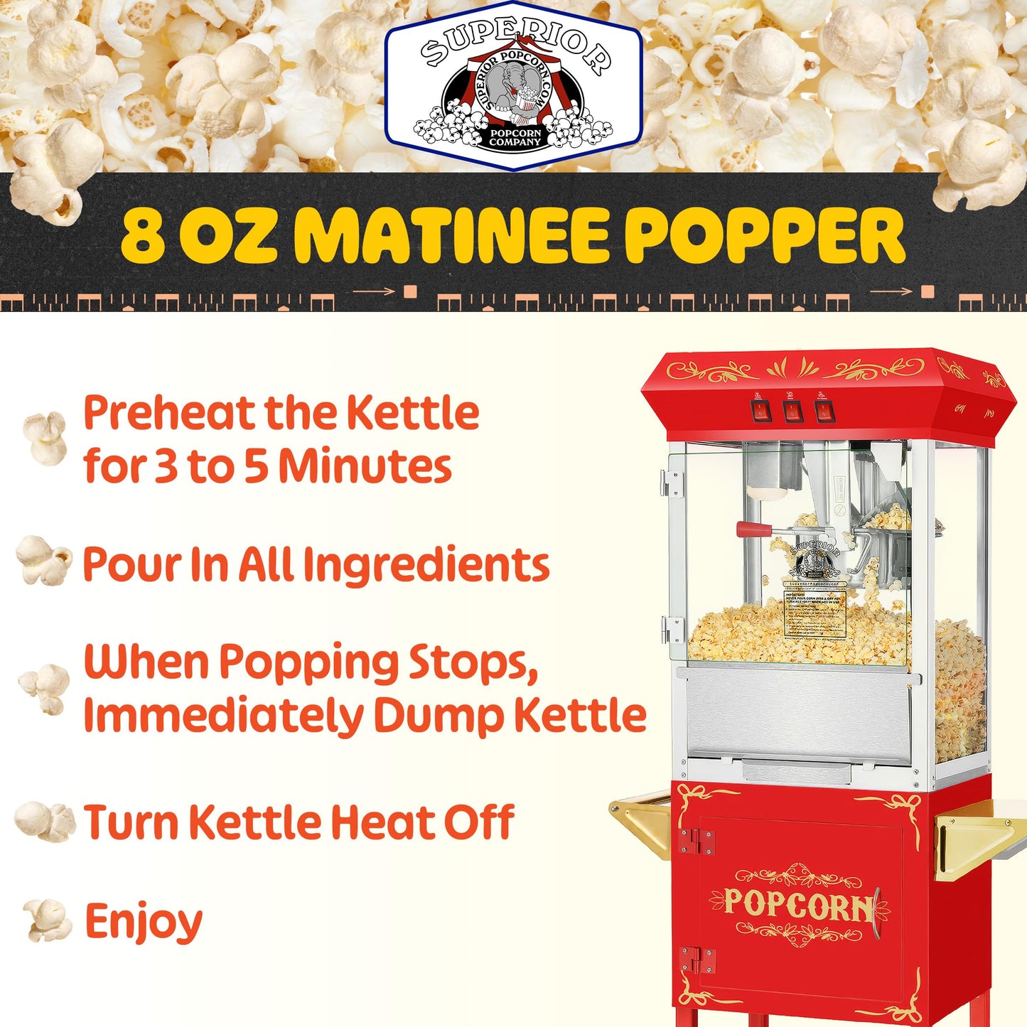 Movie Night Popcorn Machine - 3-Gallon Antique Popper with Cart, 8oz Kettle, Old Maids Drawer, Warming Tray, and Scoop by Great Northern Popcorn (Red)
