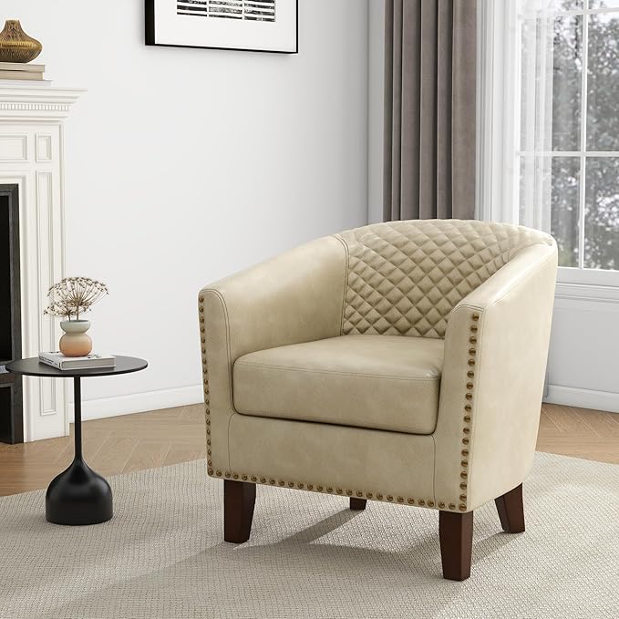 UIXE Faux Leather Accent Chair, Barrel Club Chair Upholstered Armchair for Living Room, Comfy Modern Round Arm Chair Bedroom Reading Seat - Beige