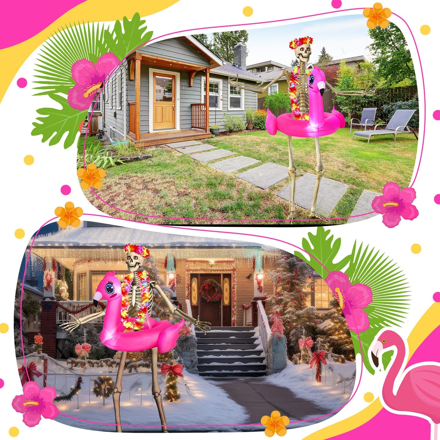 Knitgrip 4 Pcs Summer Hawaiian 12 ft Skeleton Costumes Set Includes Inflatable Flamingo Swimming Ring with Light Hawaiian Leis Chest Ring Luau Flower Headpiece for Luau Party Garden Lawn Decor