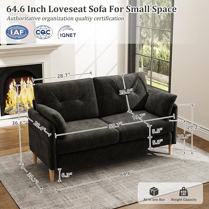Hanherry Loveseat Sofa, 64.6" Small Couch for Living Room, Comfy Chenille Fabric Love Seat for Bedroom with Throw Pillow,Removable Cushion Cover,Couches for Small Space,Apartment,Dorm