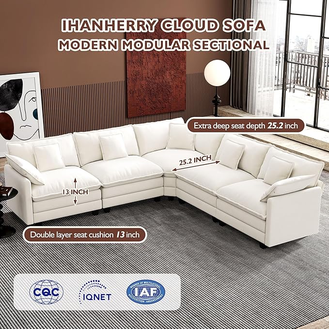 Ihanherry 114" V-Shaped Modern Sofa Modular Sectional Cloud Couch with Corner Section, 5-Seat Chenille Deep Seat Sofa with 5 Pillows for Living Room, Bedroom and Apartment, Beige