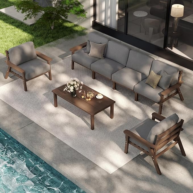 Patio Kingdom Patio Furniture Set 7 Seats, HDPE Outdoor Sectional with Gray Washable Thick Cushions, Coffee Table, Patio Conversation Sets for Lawn, Garden, Porch, Balcony, Deck (Brown Frame)