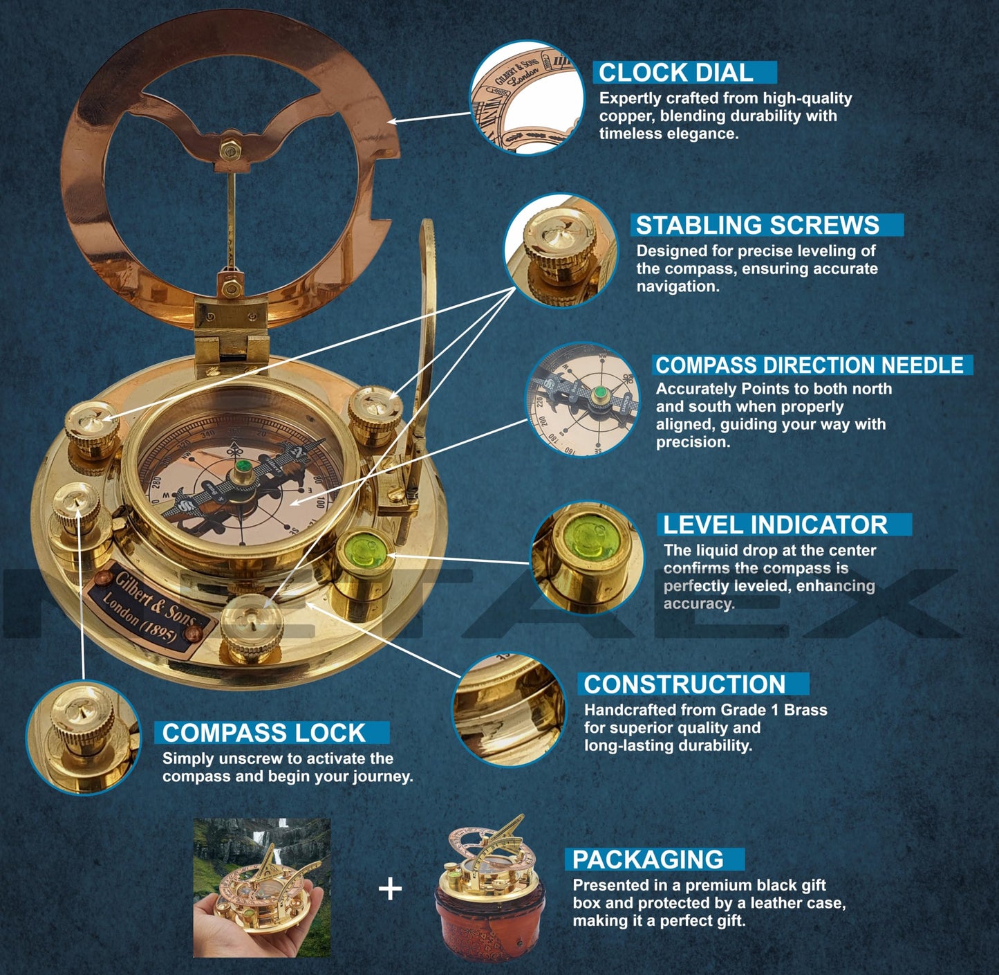 NETAEX Antique Brass & Copper Sundial Compass, Sundial Clock in Leather Box Gift Sun Clock Ship Replica Watch