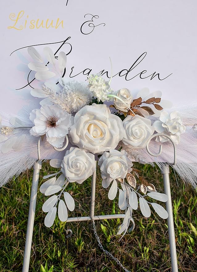 Wedding Arch Flowers, Artificial Floral Decor for Wedding Ceremony & Reception, Standard Size Large Flower Swag Set for Backdrop & Welcome Sign, Pack of 2 (White Pampas)