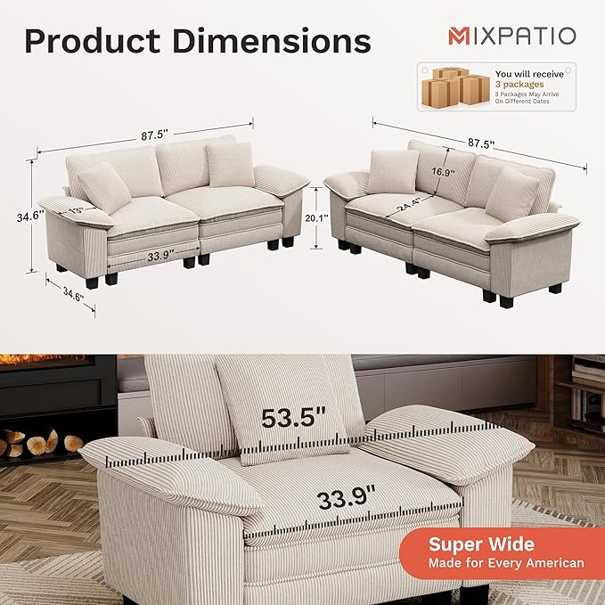 MIXPATIO L-Shaped Cloud Modular Sofa Set, 4-Piece Double Loveseat Sectional w/Deep Seat & Removable Arms, Plush Corduroy for Living Room - Beige