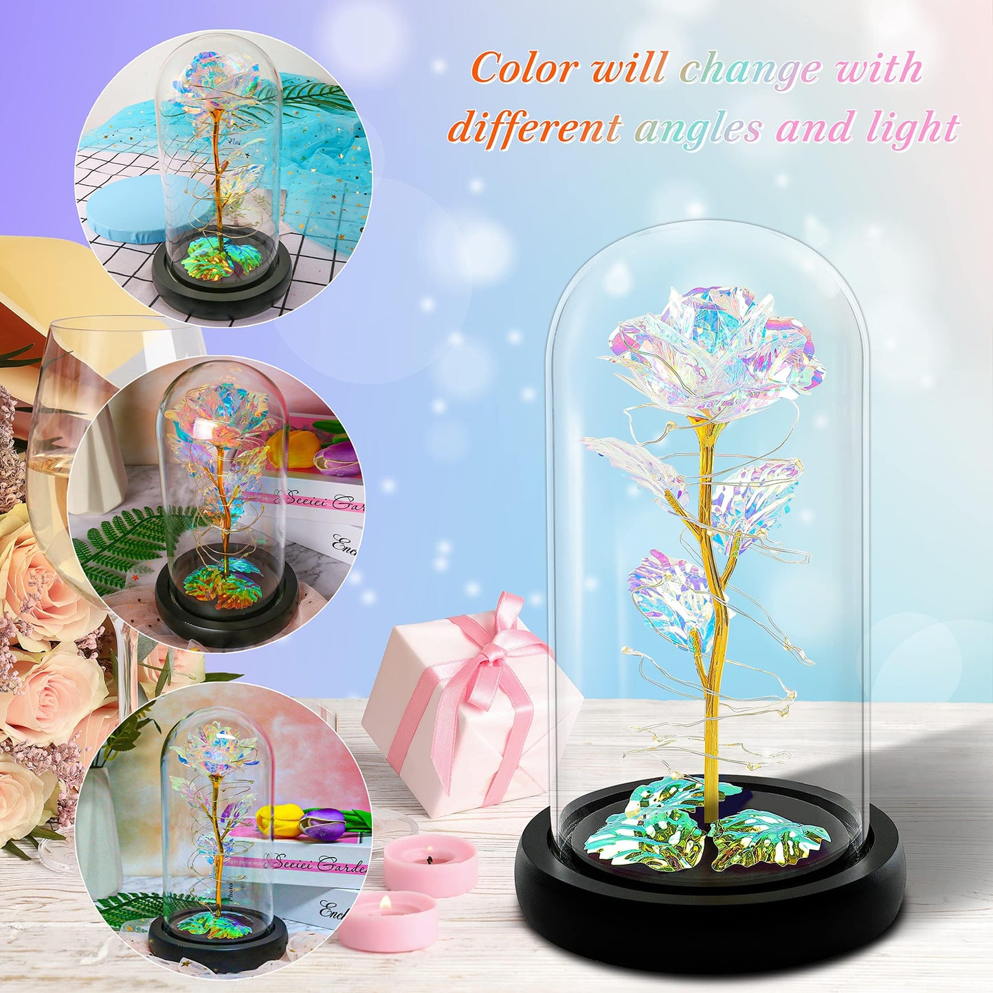 Childom Birthday Gifts for Women,Flowers for Delivery Prime,Colorful Rainbow Light Up Rose in A Glass Dome,Christmas Rose Gifts for Her Mom Women Wife Girl Grandma on Christmas Anniversary Valentines