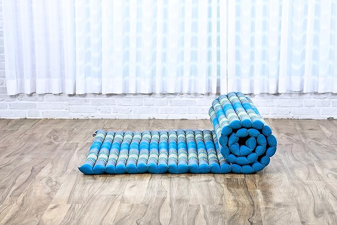 Leewadee - Foldable Floor Mattress - Japanese Roll Up Futon -Trifold Tatami Mat- Guest Floor Bed - Camping Mattress - Thai Massage Mat, Kapok Filled, 75 x 39 inches, Light Blue