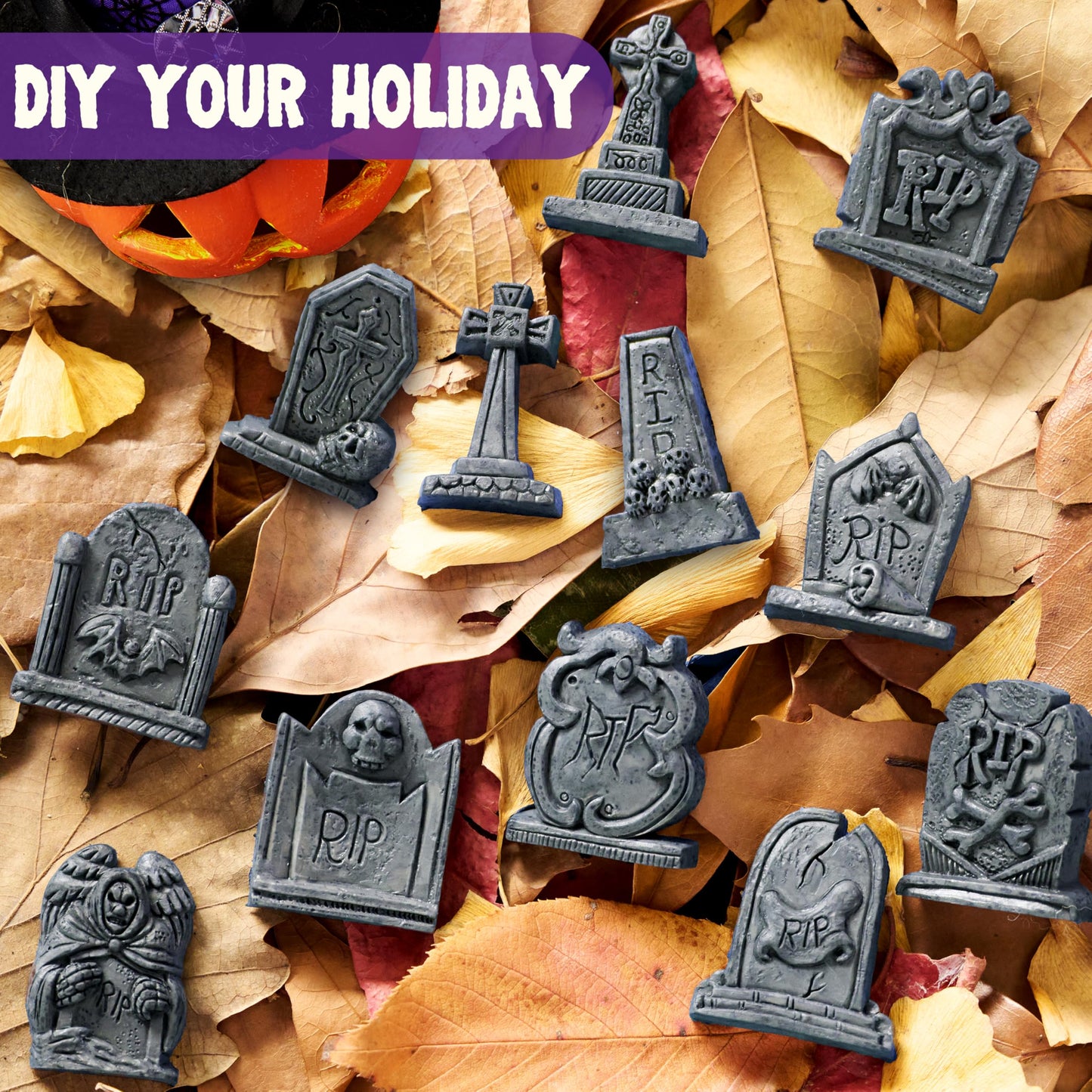 JOYIN 12 Pcs Halloween Miniature Tombstones Graveyard Decorations Outdoor, RIP Headstone with Skull Cross Design for Halloween Cemetery Yard Lawn Outdoor Indoor Decorations (Stone Gray)