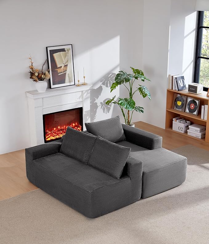 Vanress 97" Cloud Couch Sectional, Corduroy Boneless Couch with L-Shape Chaise,Modern Modular Sectional Sofa Comfy Deep Seat for Living Room, Bedroom, No Assembly (Dark Grey, Right Facing Chaise)