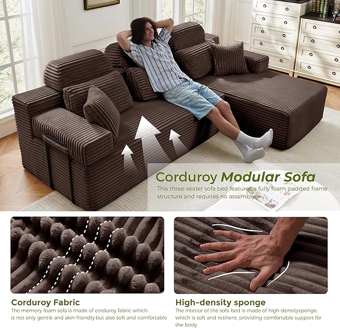 ZQRhome 104" L Shaped Boneless Couch Sectional Sofa with Chaise & Headrest, Boneless Deep Seat Plush Corduroy Couches for Living Room, No Assembly Required (Brown, 104" L-shapred Chaise)