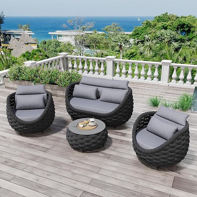 Erotr 4 Pieces Assembled Patio Conversation Sets, Aluminum Outdoor Furniture Sofa Set - Modern Cushioned Set Hand Woven Rope Couch Armchair Set for 4 - All Weather for Indoor Deck Porch Backyard Hotel