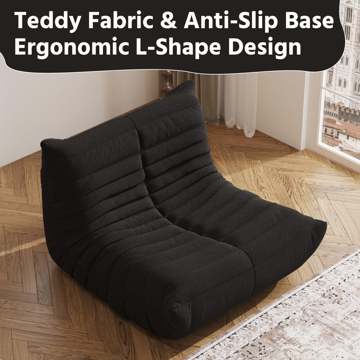 Bean Bag Chair, Fireside Chair, Large Bean Bag Chair for Adults, Bean Bag Chairs for Teens with High-Resilience Foam, Non-Slip Base Floor Lounge Sofa,Living Room (Black, Single)