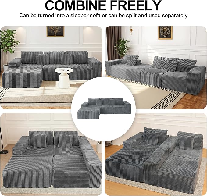SEENYOO 112.99" Boneless Cloud Couch, L Shaped Sectional Sofa with Chaise, No Assembly Required, Sink-in Corduroy Fabric & Memory Foam, Plush Modular Sofa for Apartment, Lounge, Dorm (Grey)