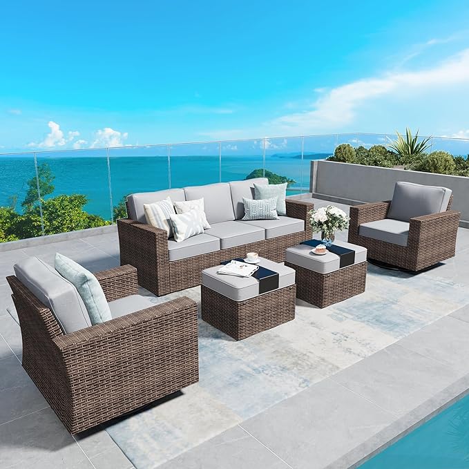 SUNSHINE VALLEY Swivel Glider 5 Piece Outdoor Furniture Set with Swivel Chairs, Wicker Patio Furniture with 4.92" Wide Armrest, 26.3" Deep Seating and 5.5" Thick Cushions, Grey