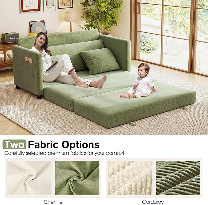 kakuboohi 65" Loveseat Sleeper Sofa Bed, Chenille Convertible Floor Sofa Bed for Small Spaces, Folding Couch Bed with Deep Seat, 2 Pillows & Solid Frame, Pull Out Floor Couch for Living Room, Green