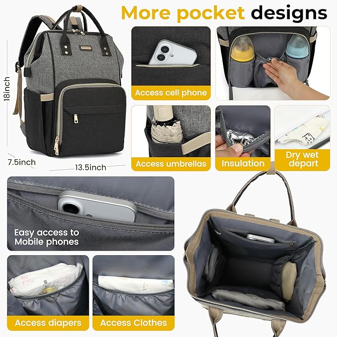 Vacuum Compression Diaper Bag, Expandable Waterproof Baby Travel Backpack with Insulated Pockets, Wet-Dry Separation, and Detachable Airtight Bag (Vacuum Pump Included)