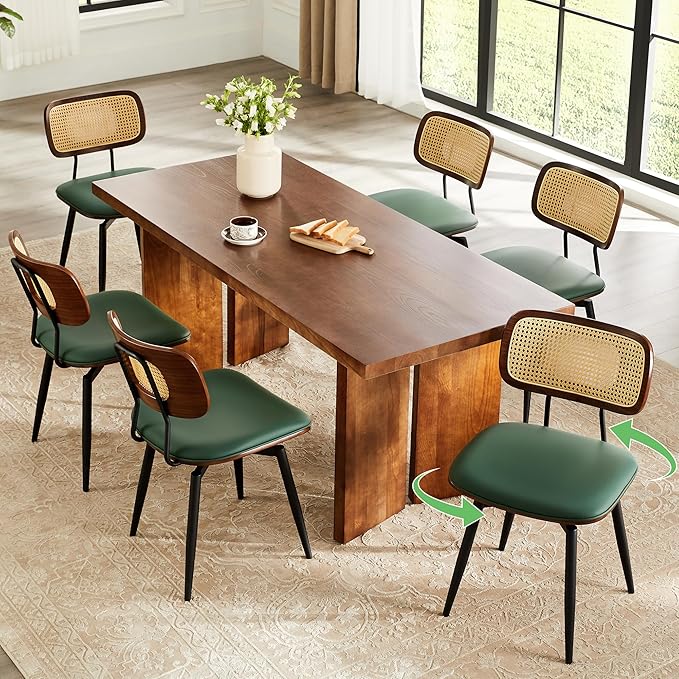 Quenvo Swivel Dining Chairs with Rattan Back, Modern Green Leather Dining Chairs Set of 6, Swivel Dining Room Chairs Kitchen Side Chairs with Metal Legs and Upholstered Seat for Kitchen & Restaurant