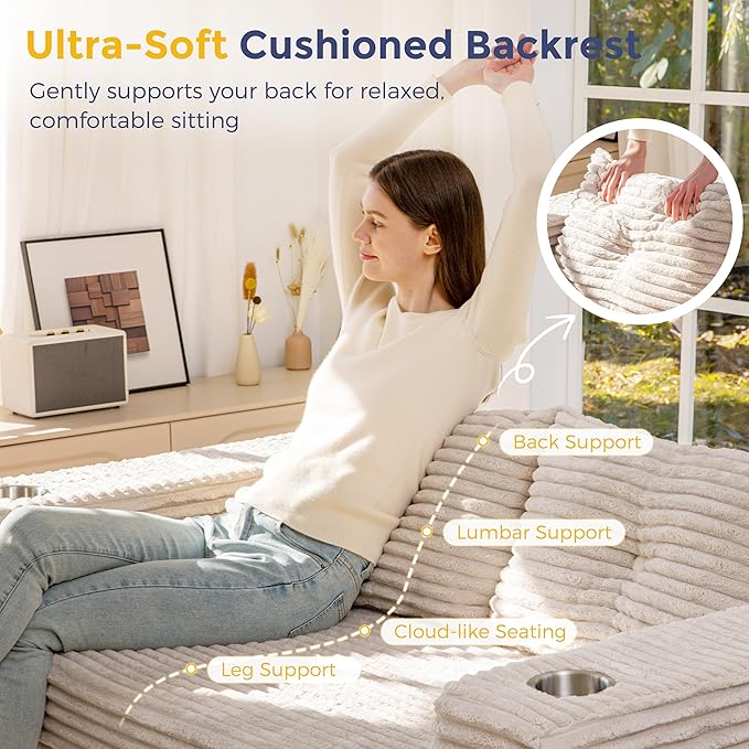 MAXYOYO 63" Boneless Loveseat Sofa Couch for Small Spaces, Mini Love Seat Floor Couch with Cup Holders and Pillows, 2-Seater Upholstered Cloud Couch for Bedroom Apartment, No Assembly Required