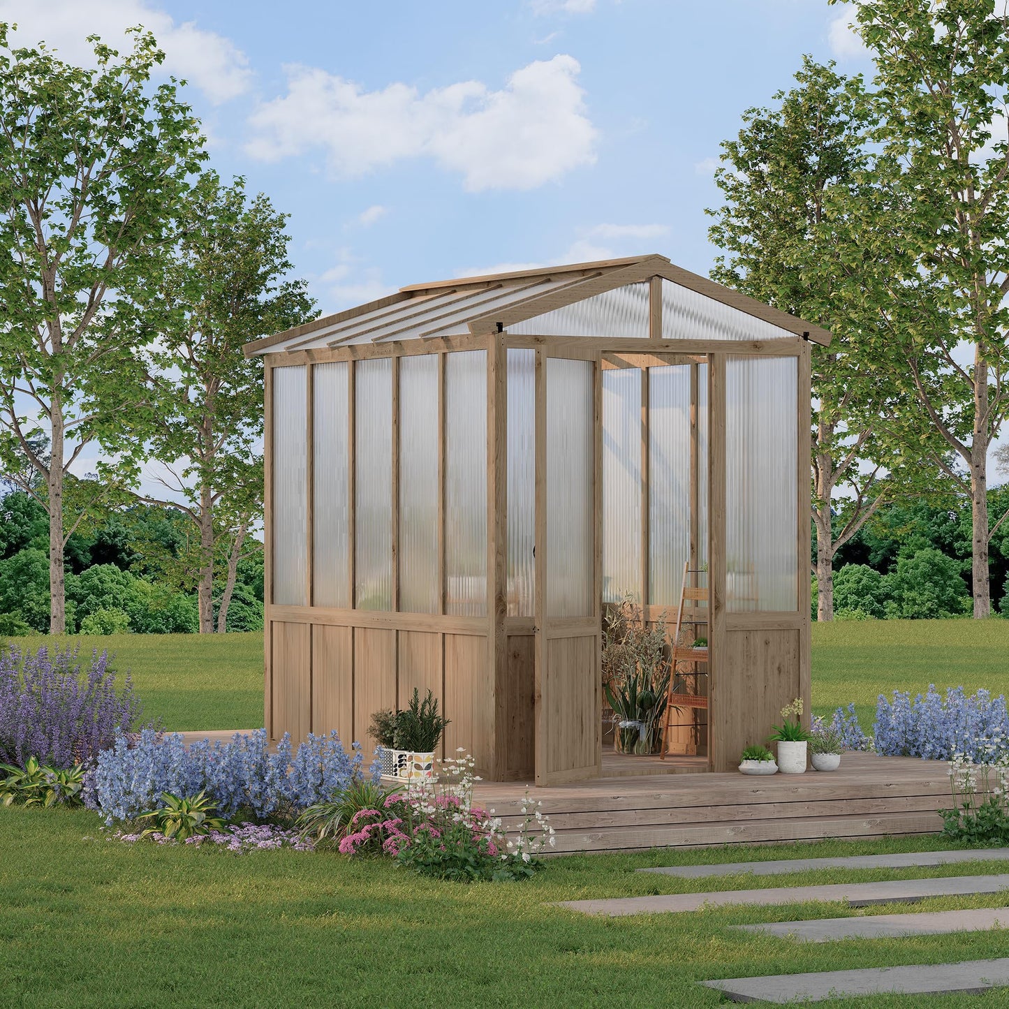 GarveeLife 6x8FT Wooden Greenhouses for Outdoors, Wooden Walk-in Green House with Cedar Frame, Greenhouse Kit with 6MM Thick Polycarbonate Panel