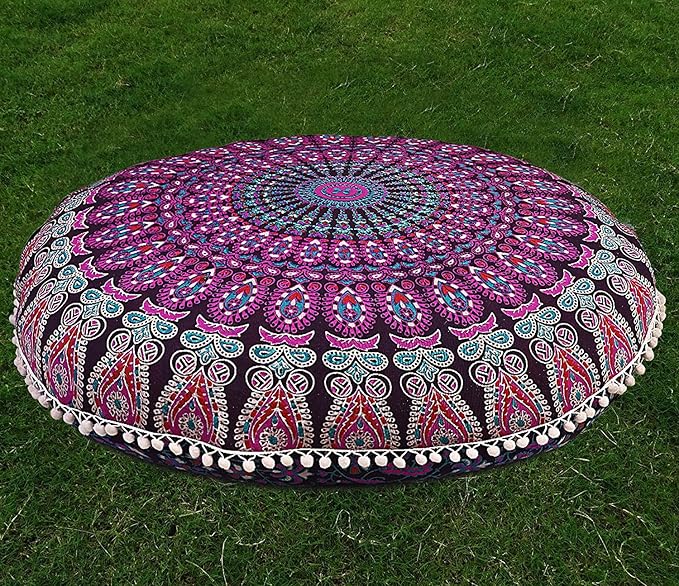 Shubhlaxmifashion Large 32" Round Pillow Cover, Decorative Mandala Pillow Sham, Indian Bohemian Ottoman Poufs, Pom Pom Pillow Cases, Outdoor Cushion Cover,