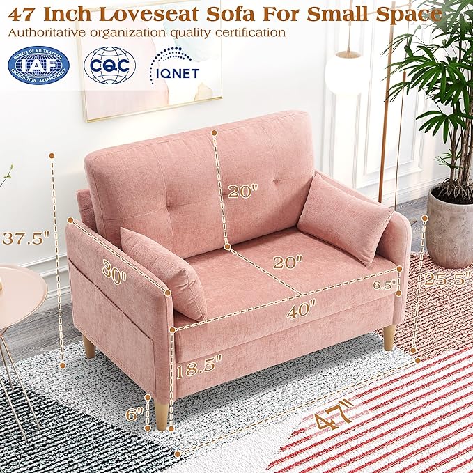 Hanherry Loveseat Sofa, 47” Small Couch for Living Room, Chenille Fabric Love Seat Comfy Sofa for Bedroom with Throw Pillow,Removable Cushion Cover,Couches for Small Space,Apartment,Dorm