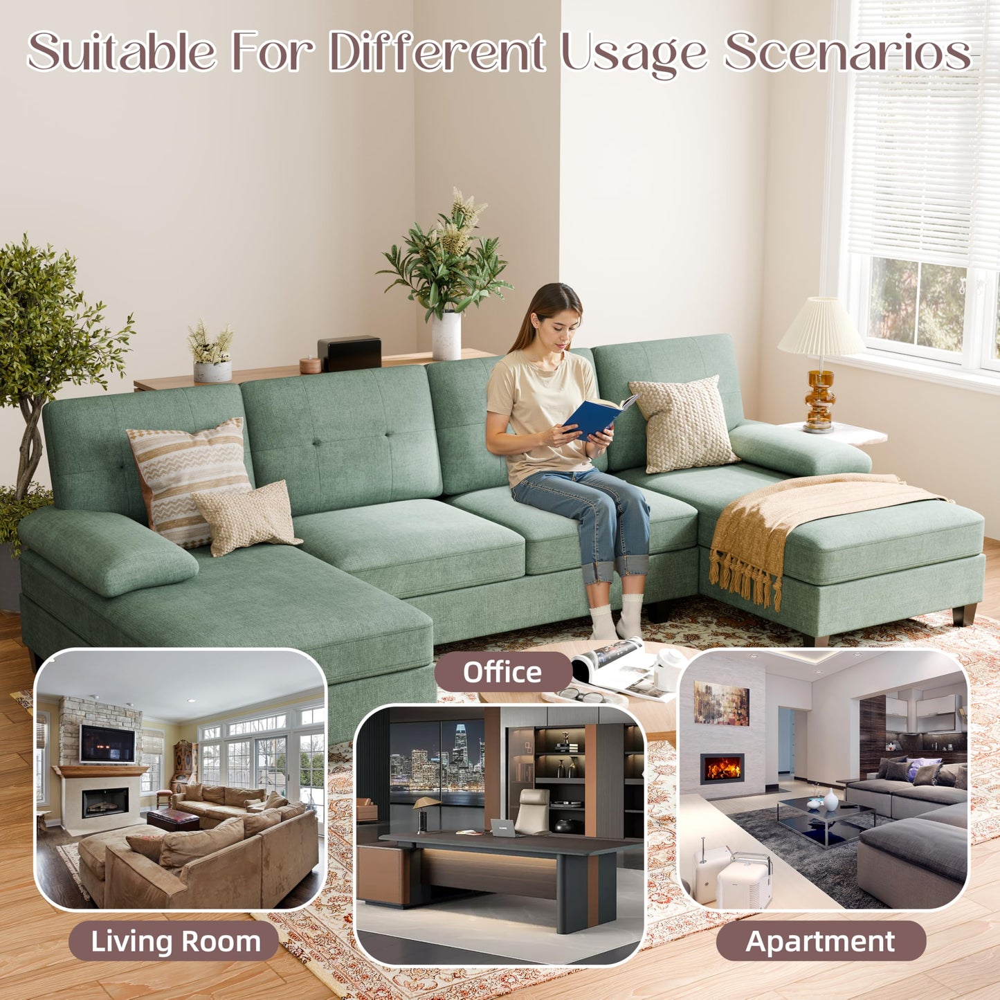 Shintenchi U-Shaped Sectional Couches for Living Room, 4 Seat Sofa with Double Chaise Lounges,Solid Wood Frame Sectional Sofa for Apartment,Green
