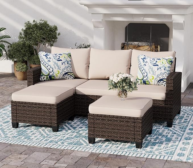 SUNSHINE VALLEY Outdoor Patio Furniture Set, 5-Seat L-Shaped Patio Couch Set with 2 Ottomans, Durable Rattan Outdoor Sofa Set for Small Patios, Modular Outdoor Couch Set for All-Weather Use, Beige