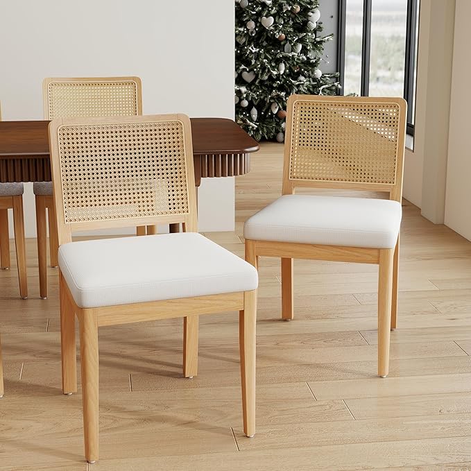 LukeAlon Set of 2 Mid Century Dining Chairs - Farmhouse Kitchen Chairs with Woven Rattan Back, Plush Chenille Upholstered Seats, Solid Wood Legs for Dining Room & Breakfast Nook, White