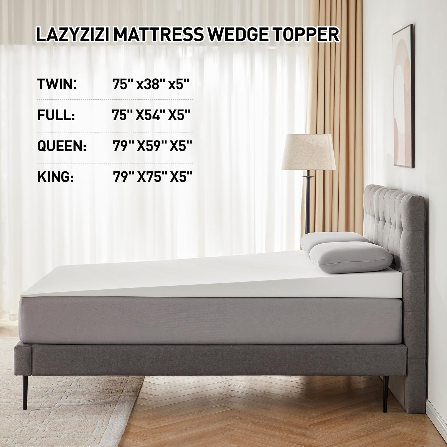 Lazyzizi Mattress Wedge Only, 5-Inch Full Inclined Bed Wedge Mattress Topper for Acid Reflux, GERD, Neck & Back Pain, Snoring, Adjustable Elevator Under Mattress Support for Bedroom