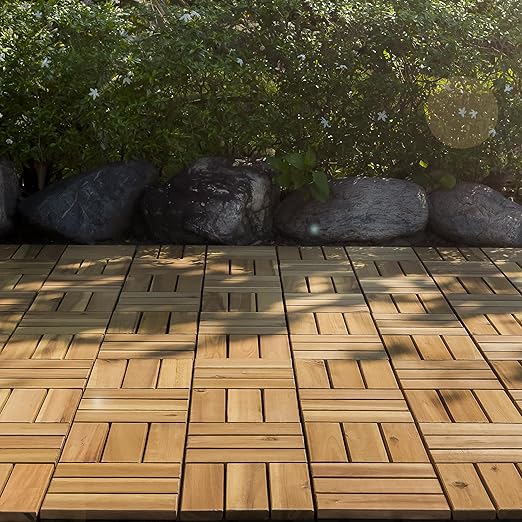 VICTORY RELAX Acacia Wood Decking Tiles 27PCS - Easy Snap Interlocking Deck Tiles for Patio Poolside Balcony Decor - All Weather Waterproof Flooring for Indoor & Outdoor (Round Joints)