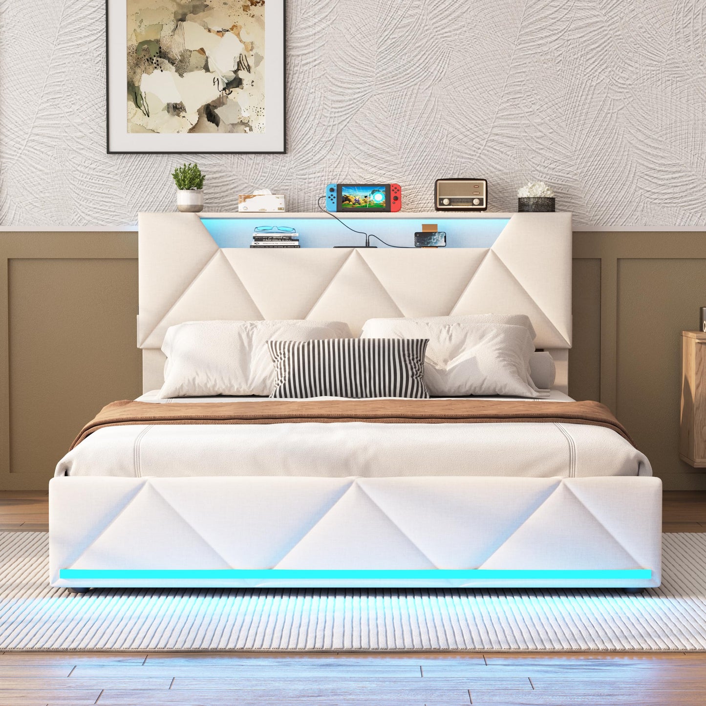 Vabches Full Bed Frame with Storage Headboard and 4 Drawers,Upholstered Platform with Charging Station and Led Lights,Adjustable Headboard,No Box Spring Needed,Beige