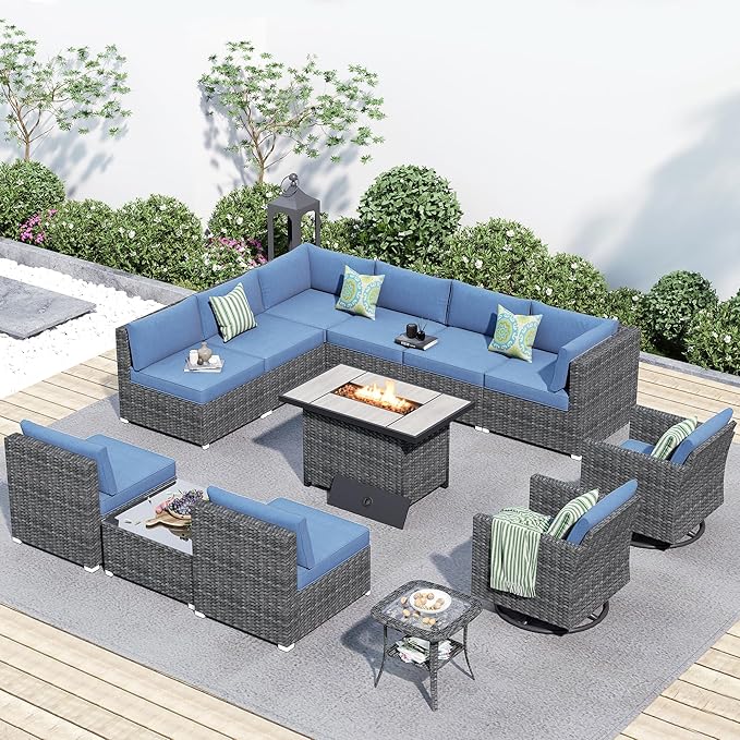 HOOOWOOO 13 Piece Patio Sectional Furniture Set with Fire Pit Table,Modern Wicker Outdoor Conversation Sofa Sets,All Weather Modular L Shaped Outside Couch Swivel Chair Set(Denime Blue)