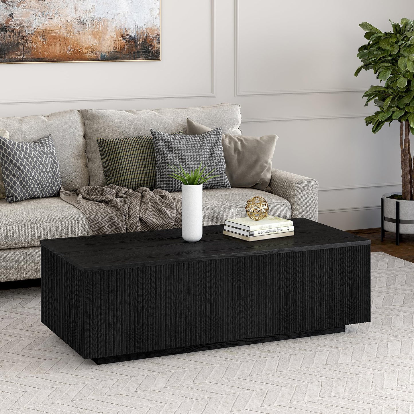 Henn&Hart 48" Fluted Rectangular Low-Profile Coffee Table with Ribbed Sides for Living Room, Family Room, or Office, Natural Black