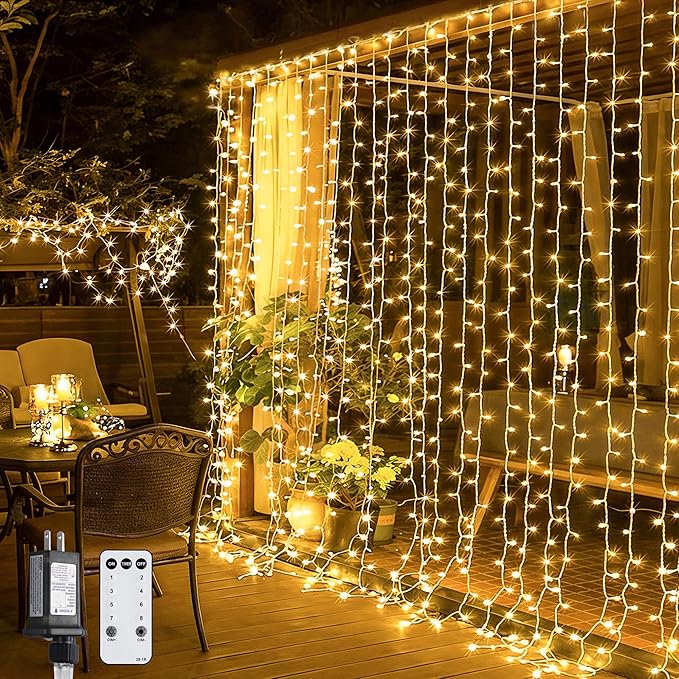 JMEXSUSS 300 LED Remote Control Curtain Lights, Plug in Fairy Curtain Lights Outdoor, Window Wall Hanging String Lights fo...