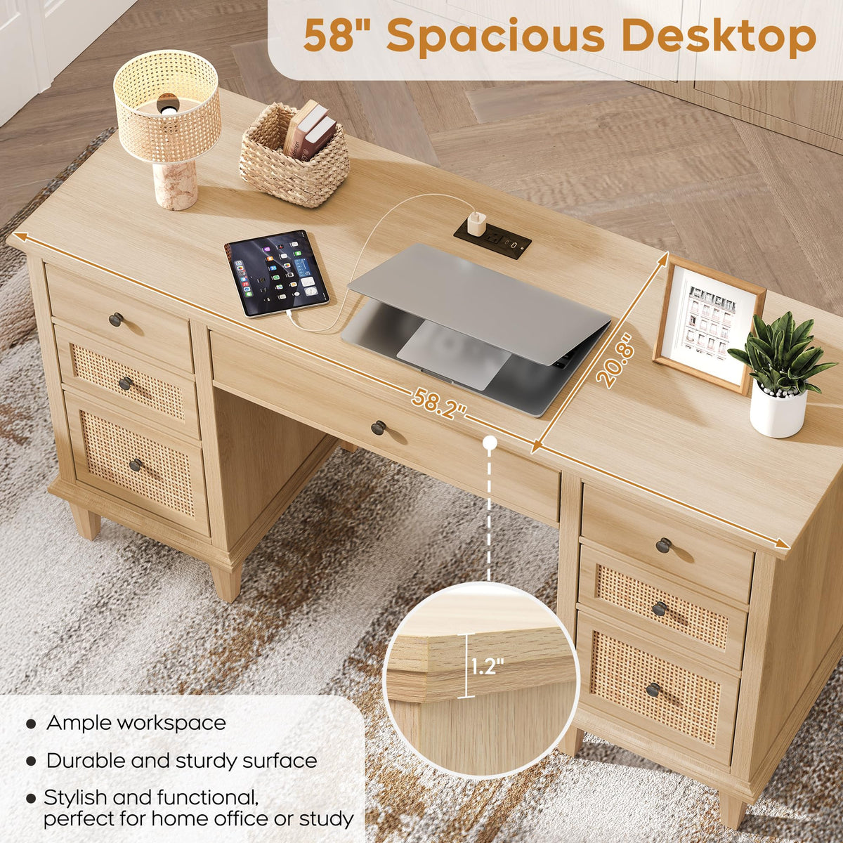 Yechen 58'' Wood Executive Desk with 7 Drawers - Modern Natural Rattan Home Office Desks with Charging Station, Large Long Computer Desk with Storage, Boho Writing Table for Work, Study, Natural Oak