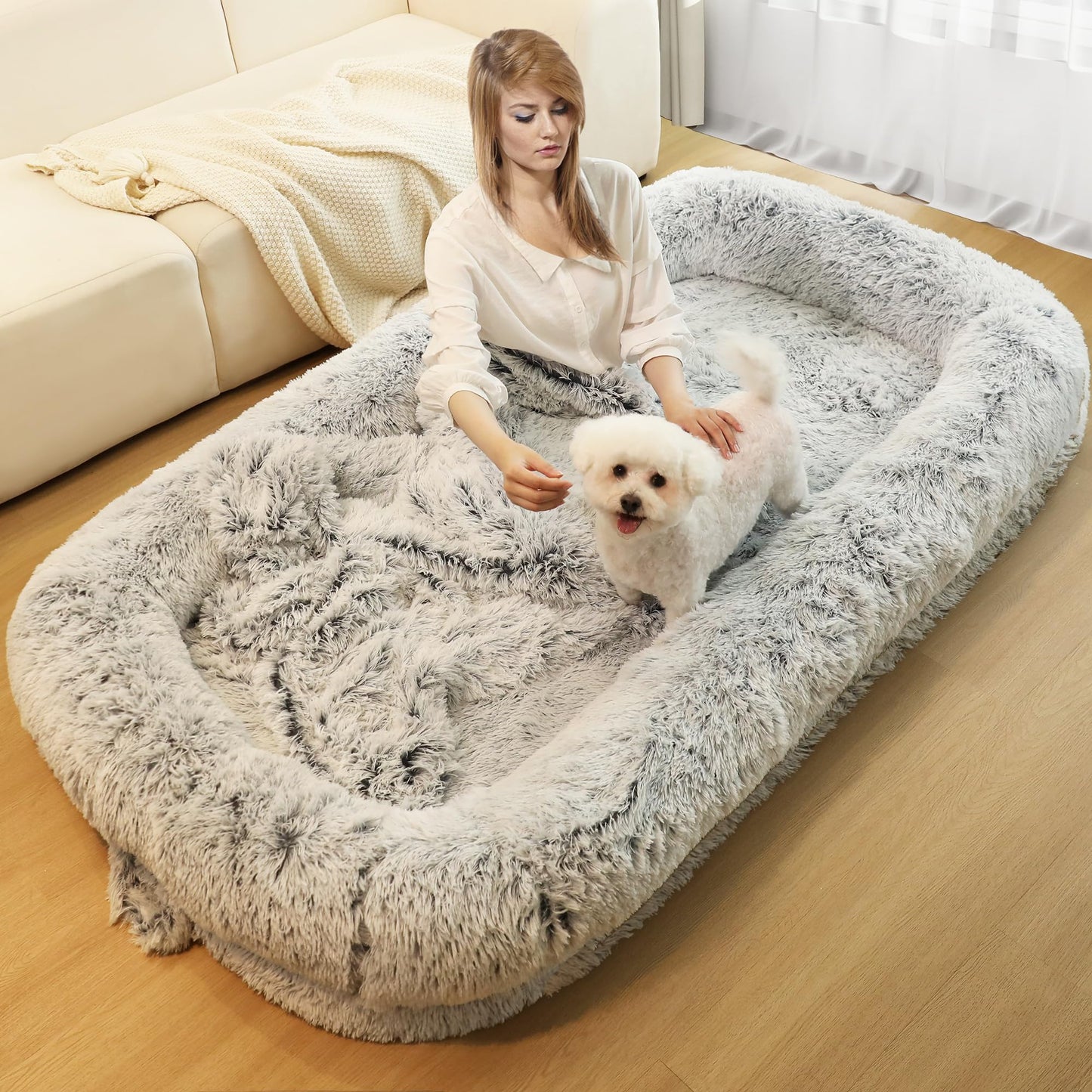 Murago Human Dog Bed for Adults, 46 x 10 x 76 Long Human Size Dog Bed, Removable Cover, Orthopedic Design, [Light Grey]