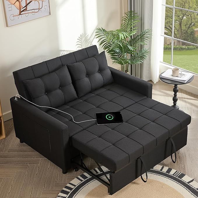 GOSUHI 52" Sleeper Sofa with Pull-Out Bed, 3-in-1 Convertible Sofa Bed, Loveseat with Stepless Adjustable Backrest and Side Pocket, for Living Room Dorm Apartment, Linen, Black
