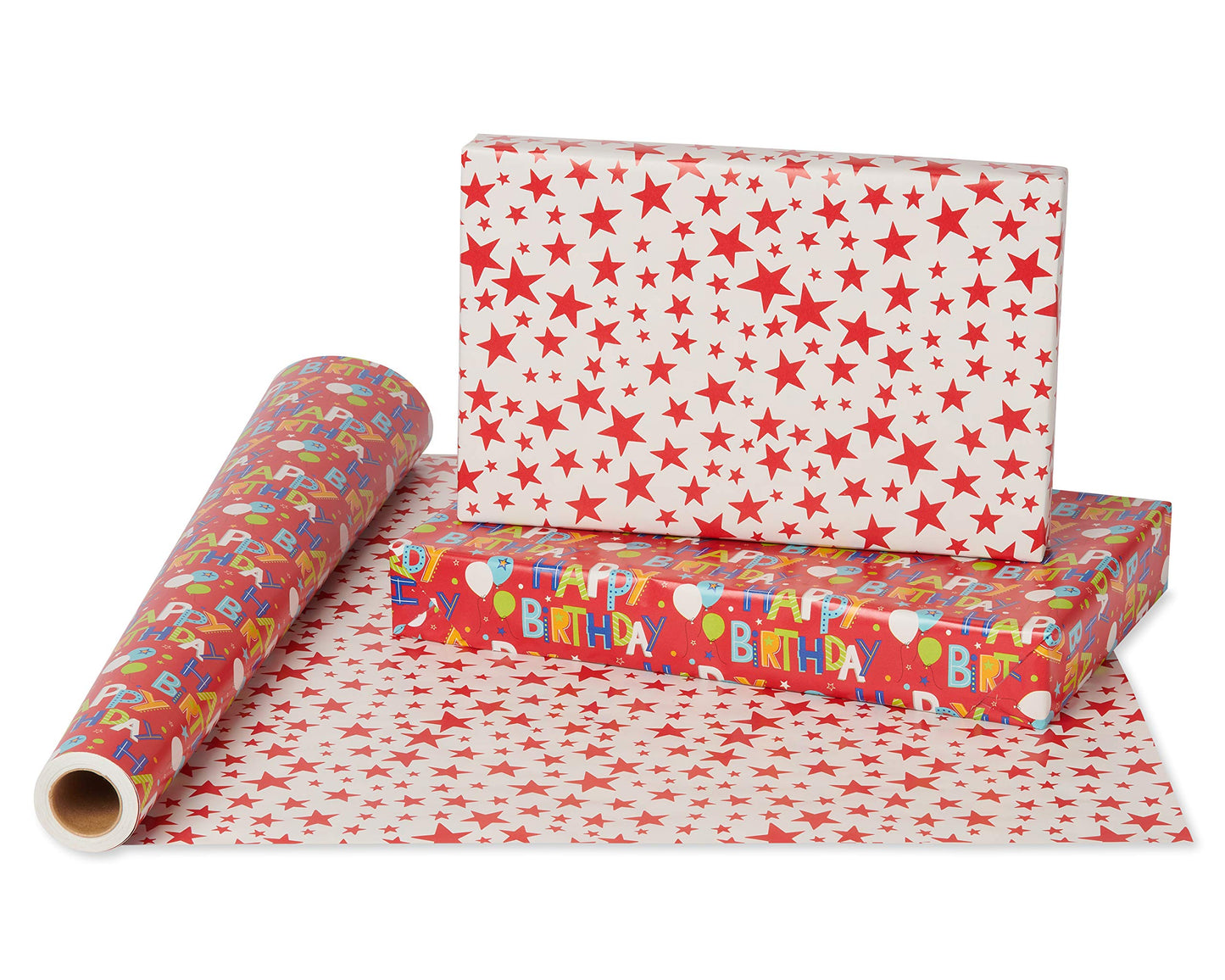 American Greetings 175 sq. ft. Reversible Wrapping Paper, for Birthdays, Happy Birthday Lettering and Stars (1 Jumbo Roll, 30 in. x 70 ft.)