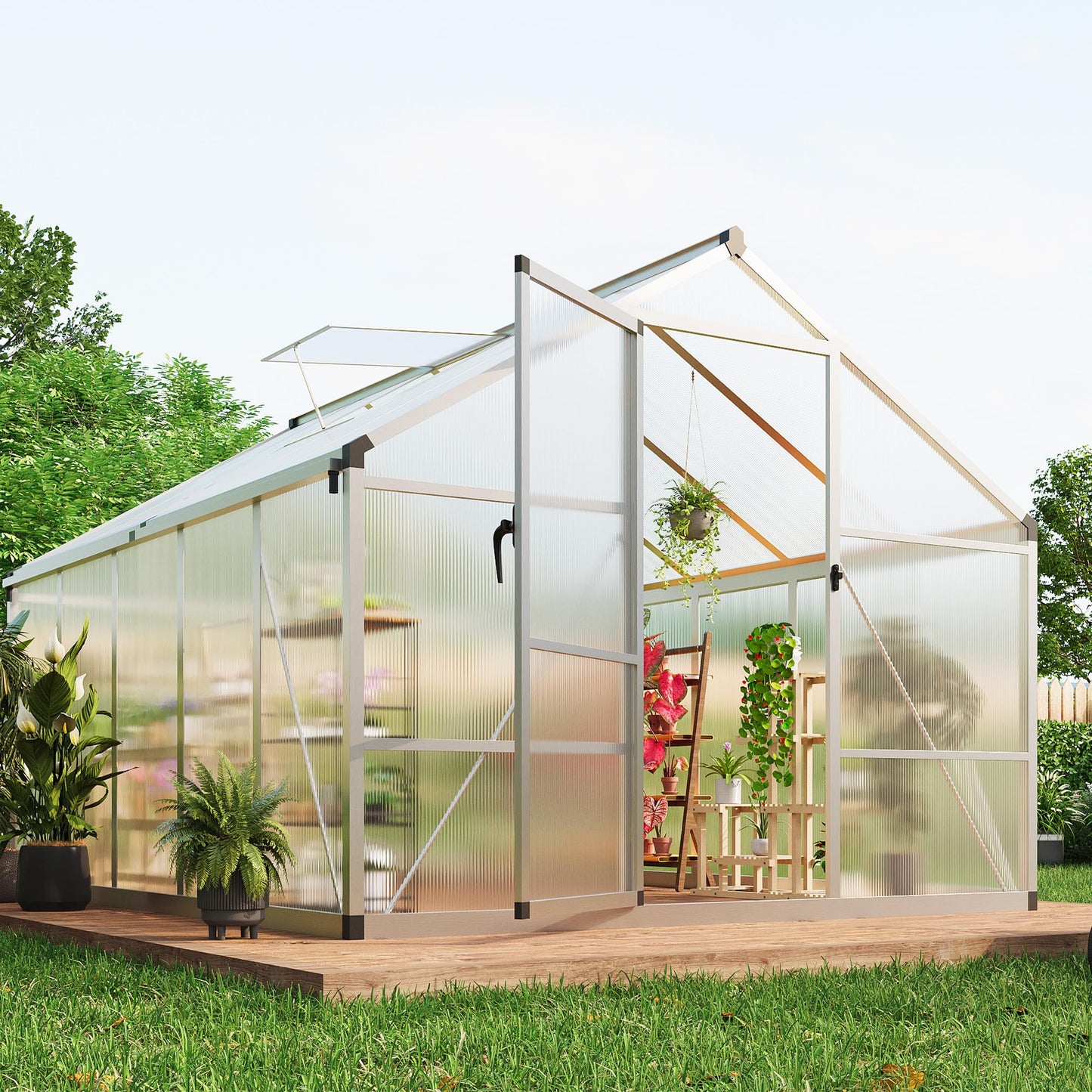 Greenhouse, 8x10 Ft Outdoor Greenhouses, Greenhouse Kit, Portablee Greenhouses with Ground Nails and Vent Windows, Sliding Lockable Door, Polycarbonate Green House for Outside Garden Backyard, White