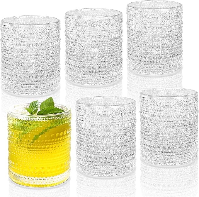 JPPSUJJ Cocktail Glasses 10 oz Hobnail Drinking Glasses Set of 6, Vintage Glassware, Textured Glass Cups Bubble Glasses Wa...