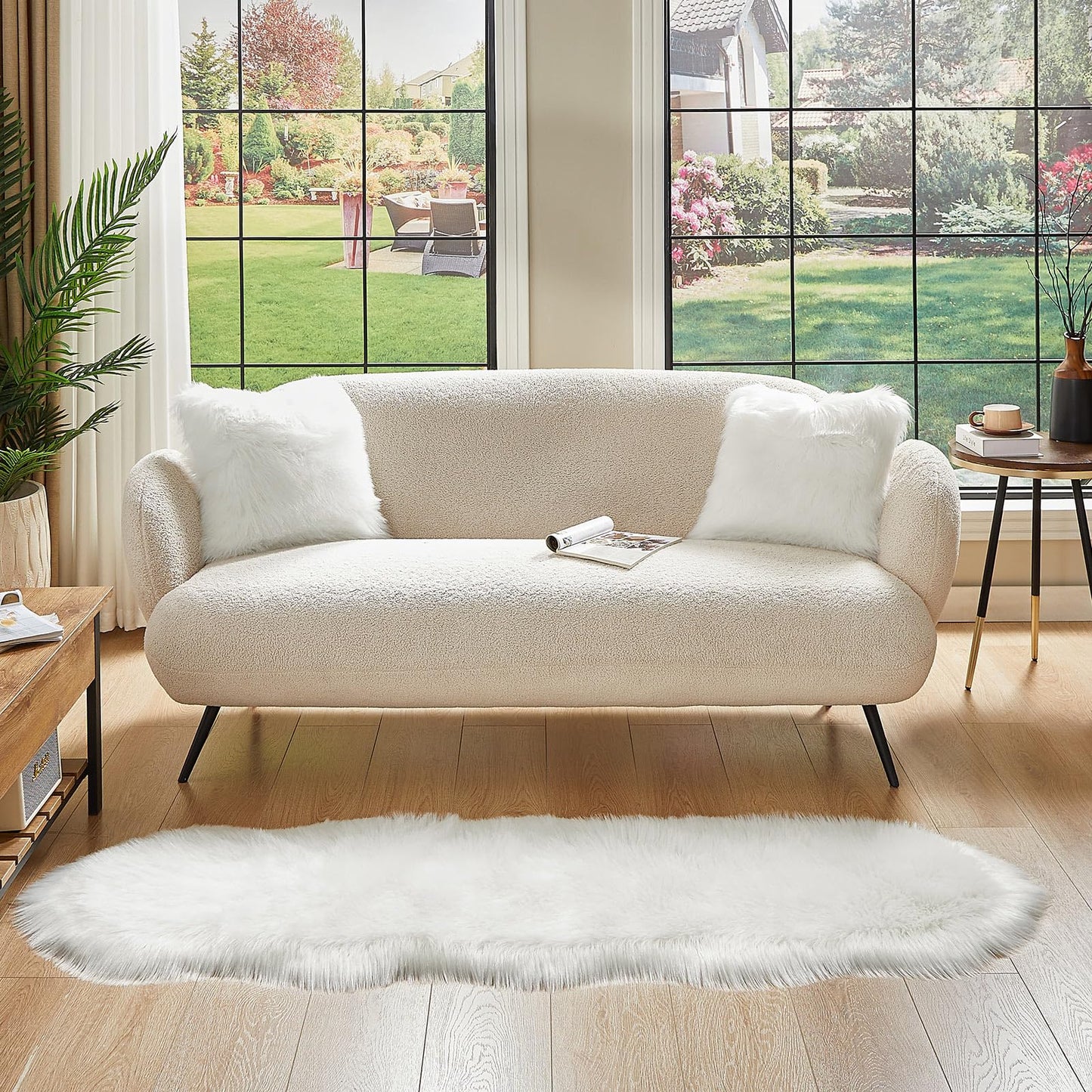 AMTOVO Faux Sheepskin Rug, White Ultra Soft Fluffy Shag Area Rug, 2 x 6 ft Faux Fur Rug for Bedroom Sofa Throw Cushion Room Decor, Sheepskin