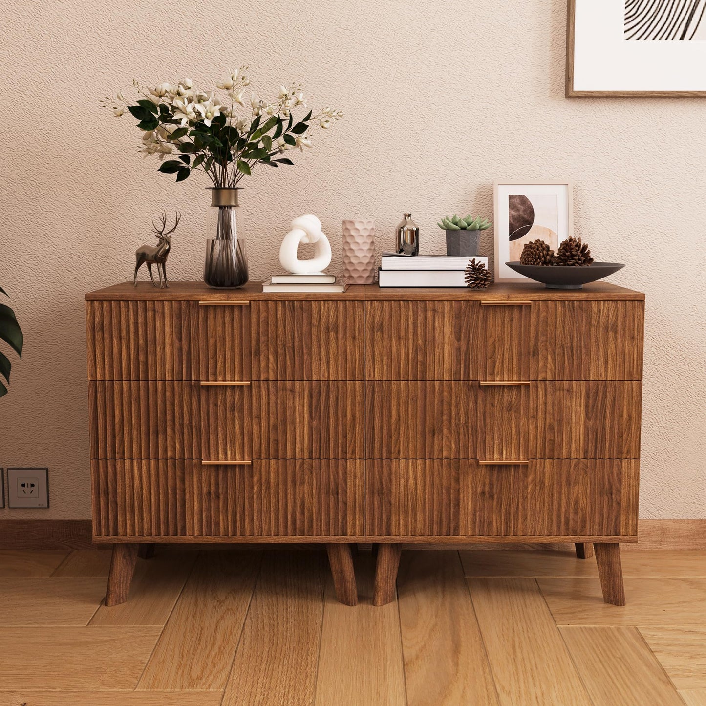 XUZENEST Fluted 3 Drawer Dressers, Modern Closet Dressers Chest of Drawers, Wood Storage Dresser Chest of Drawers Organizer for Bedroom Living Room Hallway Closet, Walnut, 2 Sets