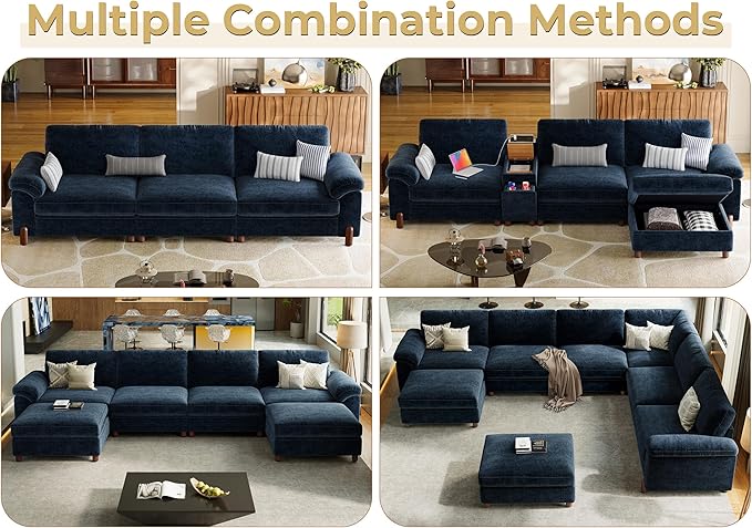 SITJOY 118" Oversized Sectional Couches for Living Room, Extra Large Deep Seat Modular Sofa with Washable Covers, Wide Couch, 3 Seater Couch, Chenille in Blue
